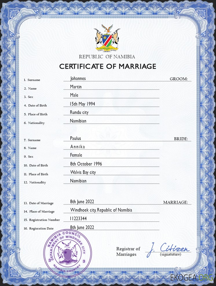 Modèle PSD de certificat de mariage en Namibie